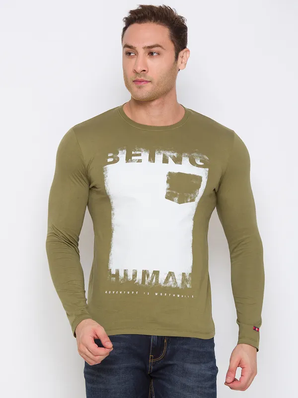 Being Human Clothing Men Regular Fit Crew Neck T-Shirts-Olive