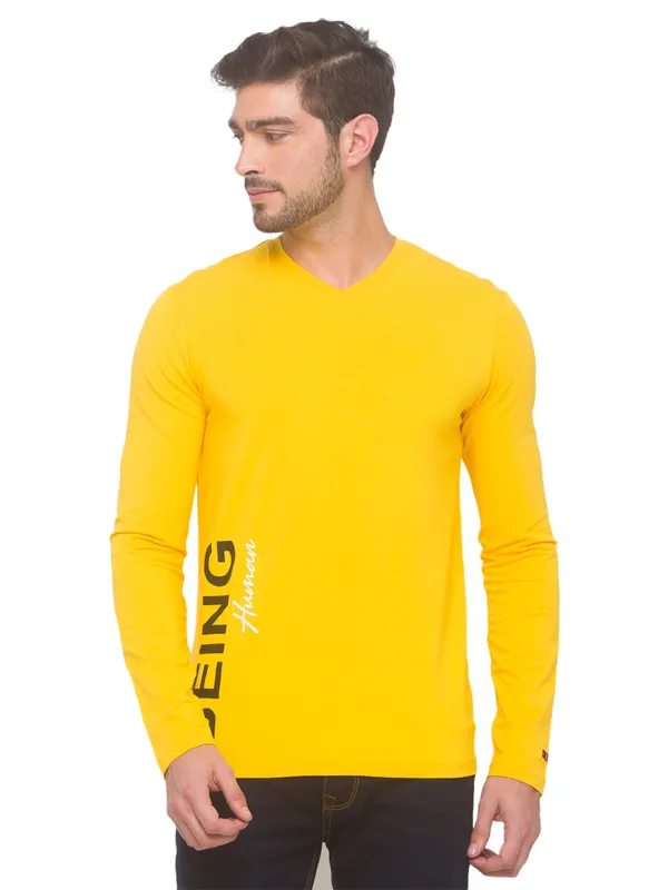 Being Human Regular Fit Men V-Neck T-Shirts-Yellow