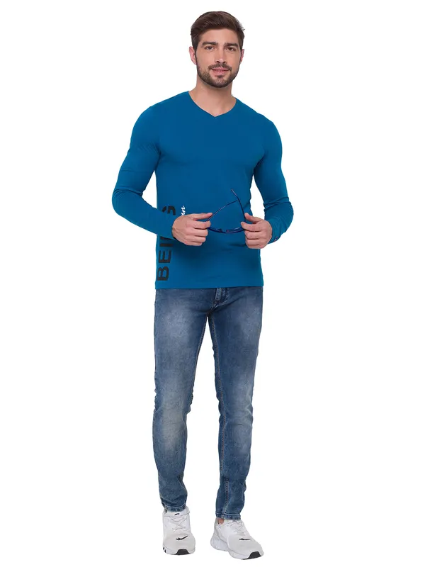 Being Human Regular Fit Men V-Neck T-Shirts-Marine Blue