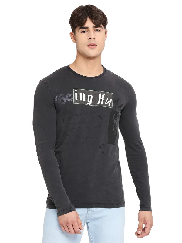 Being Human Clothing Men Slim Fit Crew Neck T-Shirts-Charcoal