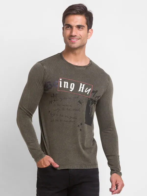 Being Human Clothing Men Slim Fit Crew Neck T-Shirts-Dark Olive