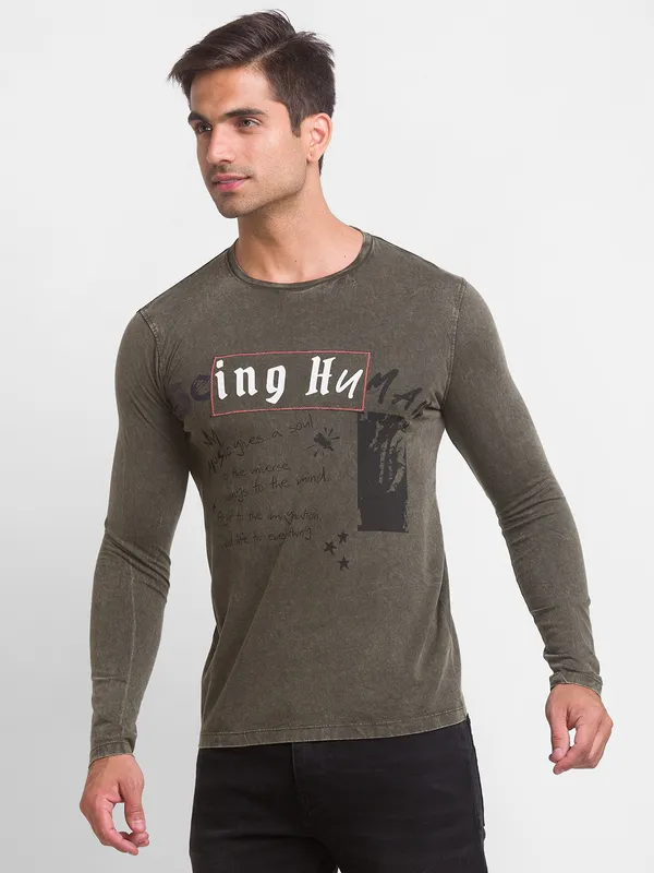 Being Human Clothing Men Slim Fit Crew Neck T-Shirts-Dark Olive
