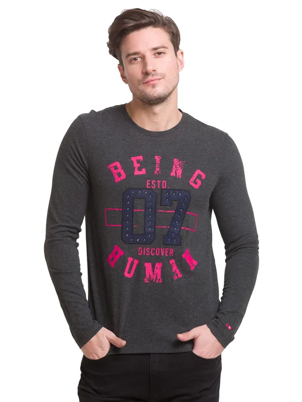 Being Human Slim Fit Men Crew Neck T-Shirts-Anthra Melange