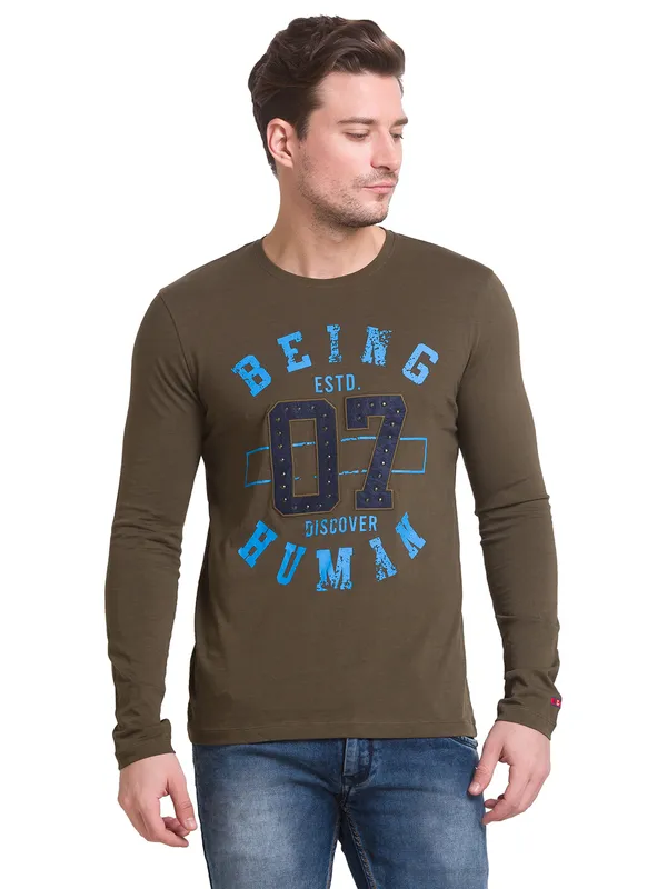 Being Human Slim Fit Men Crew Neck T-Shirts-Dark Olive