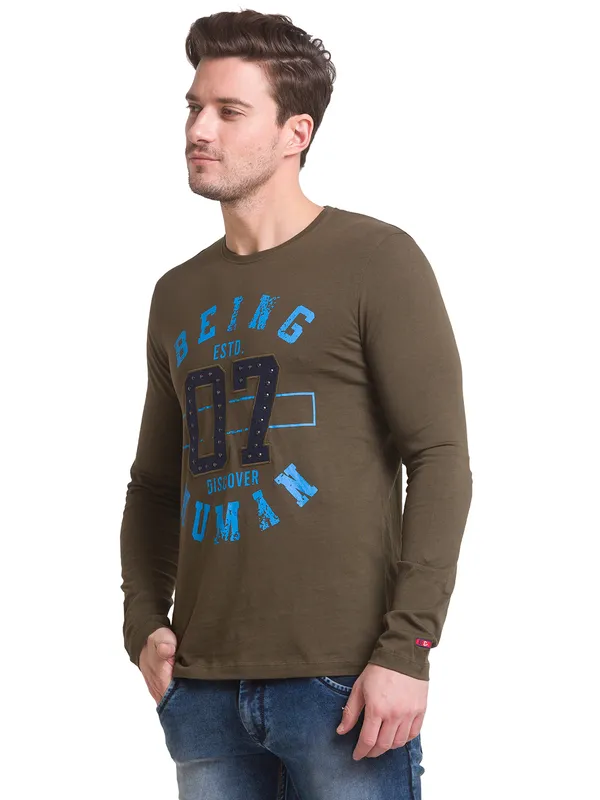 Being Human Slim Fit Men Crew Neck T-Shirts-Dark Olive