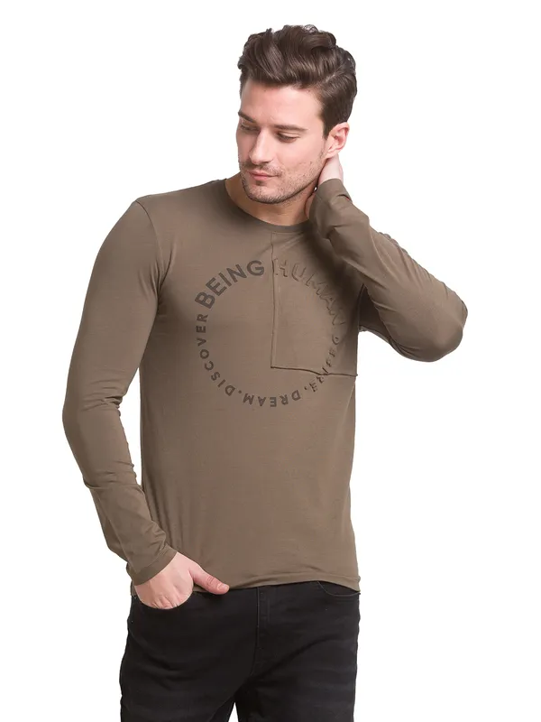 Being Human Slim Fit Men Crew Neck T-Shirts-Dark Olive