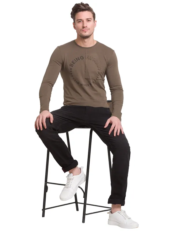 Being Human Slim Fit Men Crew Neck T-Shirts-Dark Olive