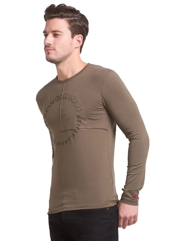 Being Human Slim Fit Men Crew Neck T-Shirts-Dark Olive