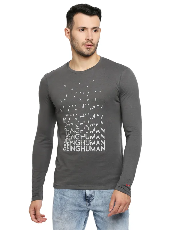 Being Human Clothing Men Raglan Fit Crew Neck T-Shirts-Charcoal