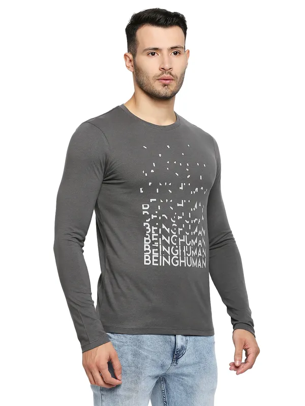 Being Human Clothing Men Raglan Fit Crew Neck T-Shirts-Charcoal