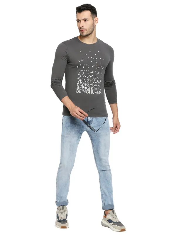Being Human Clothing Men Raglan Fit Crew Neck T-Shirts-Charcoal