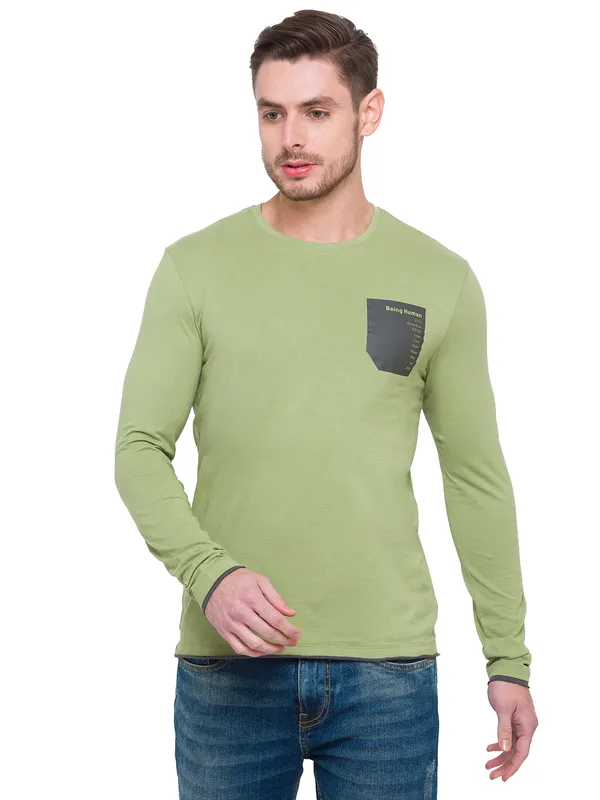 Being Human Clothing Men Raglan Fit Crew Neck T-Shirts-Sage