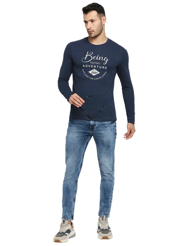 Being Human Clothing Men Raglan Fit Crew Neck T-Shirts-Navy Melange