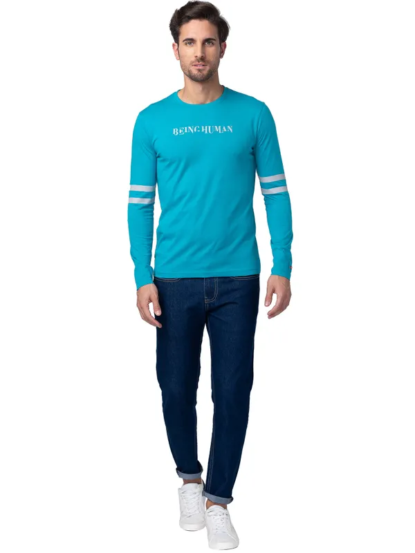 Being Human Regular Fit Men Crew Neck T-Shirts-Lake Blue
