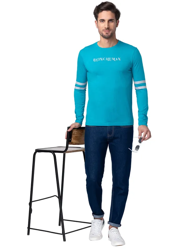 Being Human Regular Fit Men Crew Neck T-Shirts-Lake Blue