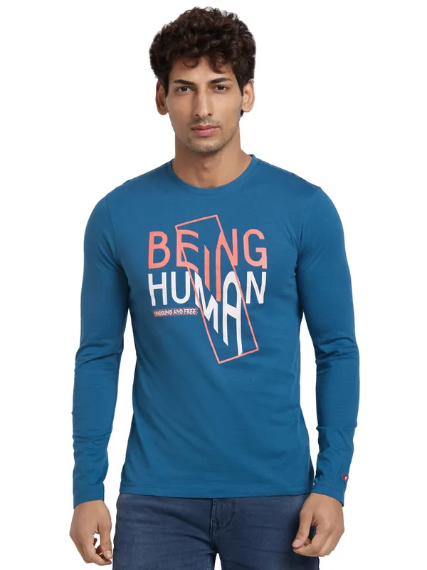 Being Human Regular Fit Men Crew Neck T-Shirts-Blue Coral