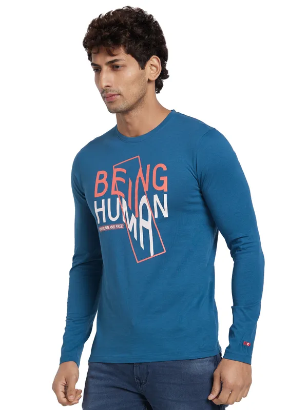 Being Human Regular Fit Men Crew Neck T-Shirts-Blue Coral