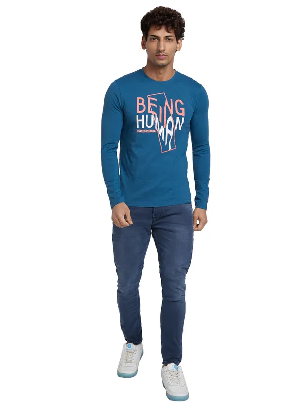 Being Human Regular Fit Men Crew Neck T-Shirts-Blue Coral
