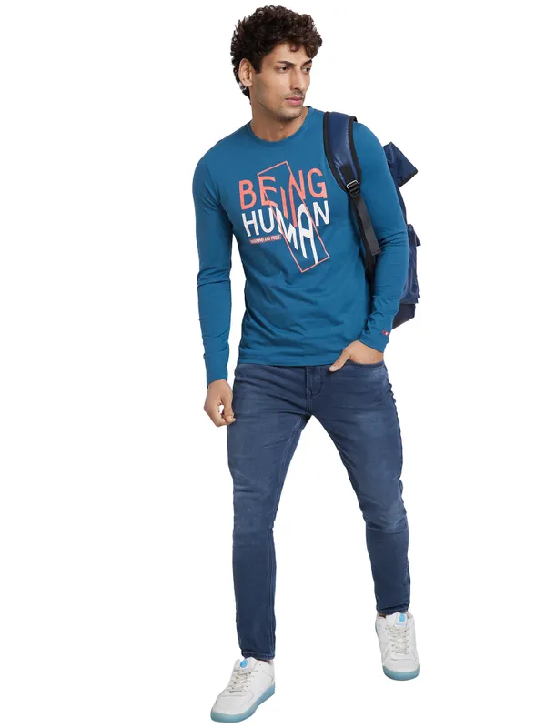 Being Human Regular Fit Men Crew Neck T-Shirts-Blue Coral