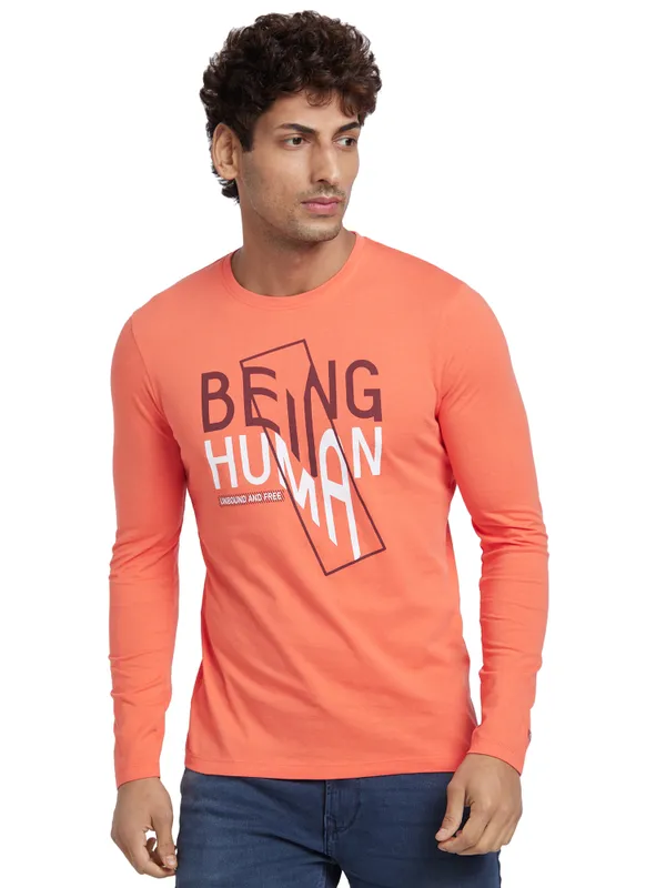 Being Human Regular Fit Men Crew Neck T-Shirts-Hot Coral