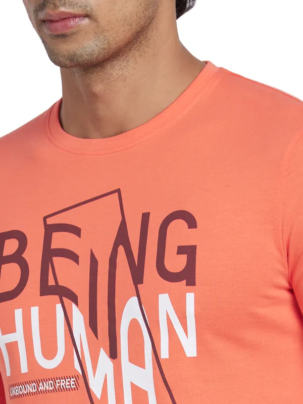 Being Human Regular Fit Men Crew Neck T-Shirts-Hot Coral