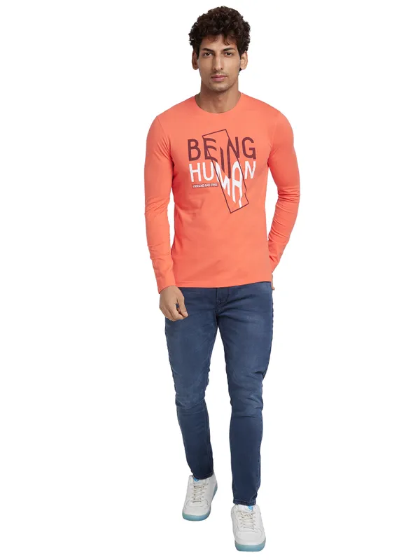 Being Human Regular Fit Men Crew Neck T-Shirts-Hot Coral