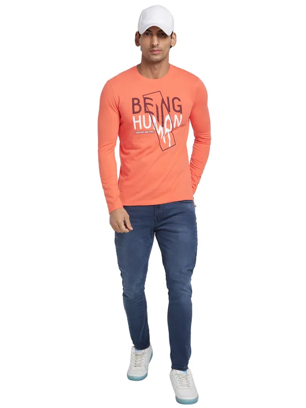 Being Human Regular Fit Men Crew Neck T-Shirts-Hot Coral