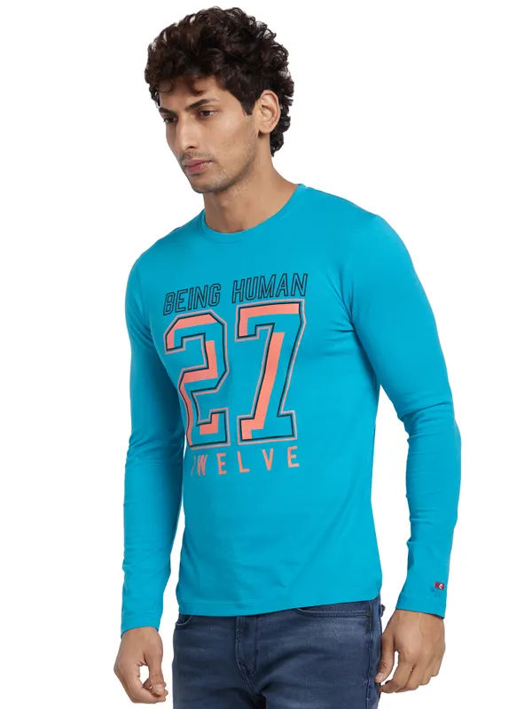 Being Human Regular Fit Men Crew Neck T-Shirts-Lake Blue