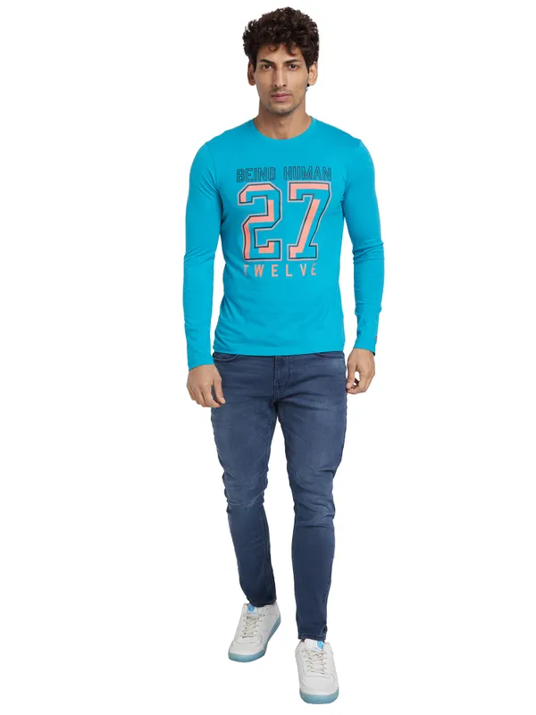 Being Human Regular Fit Men Crew Neck T-Shirts-Lake Blue