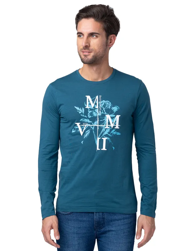 Being Human Regular Fit Men Crew Neck T-Shirts-Blue Coral