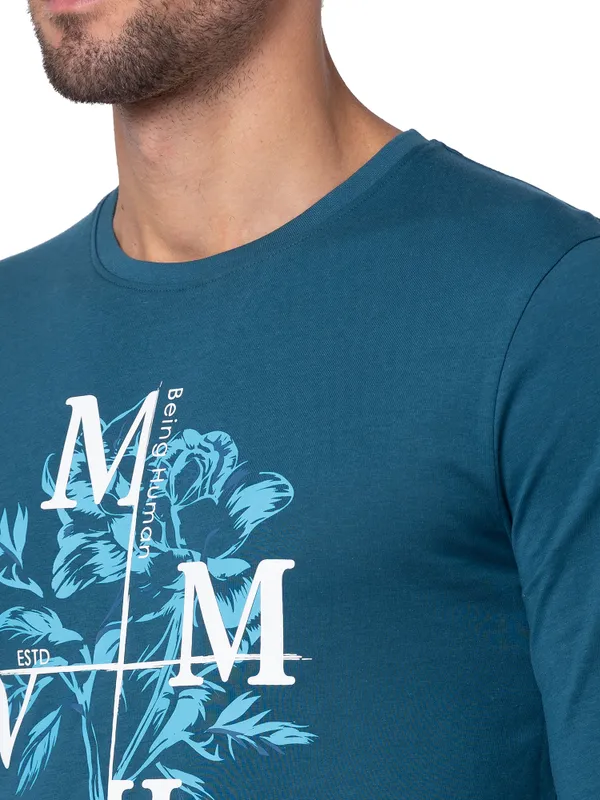 Being Human Regular Fit Men Crew Neck T-Shirts-Blue Coral