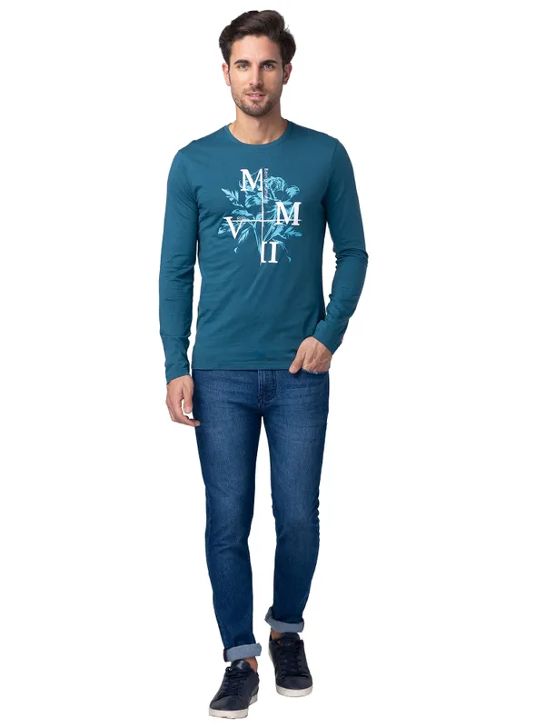 Being Human Regular Fit Men Crew Neck T-Shirts-Blue Coral