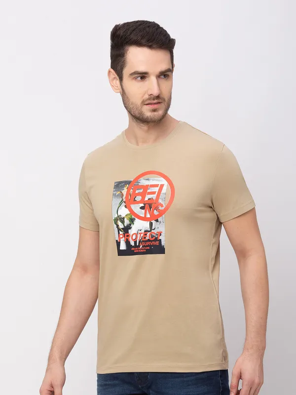 Being Human Regular Fit Men Crew Neck T-Shirts-Stone