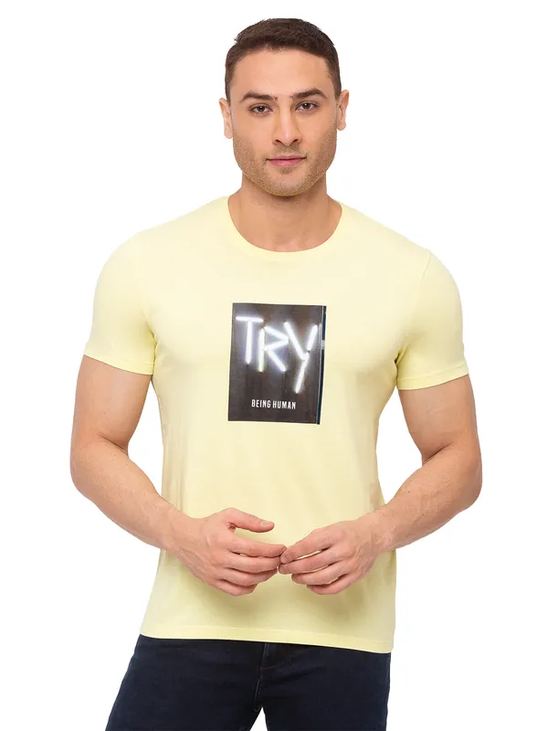 Being Human Clothing Men Regular Fit Crew Neck T-Shirts-Ecru Mel