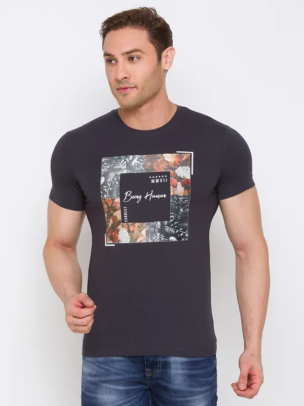 Being Human Regular Fit Men Crew Neck T-Shirts-Charcoal