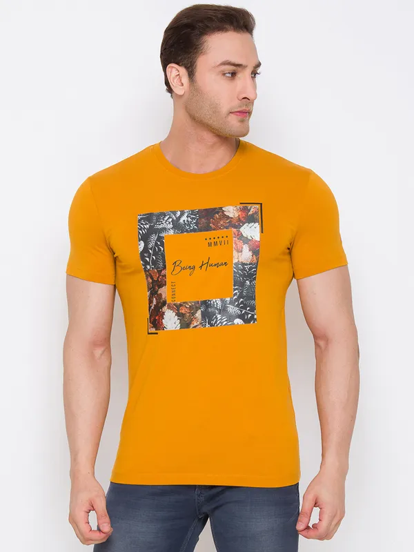 Being Human Regular Fit Men Crew Neck T-Shirts-Ocher