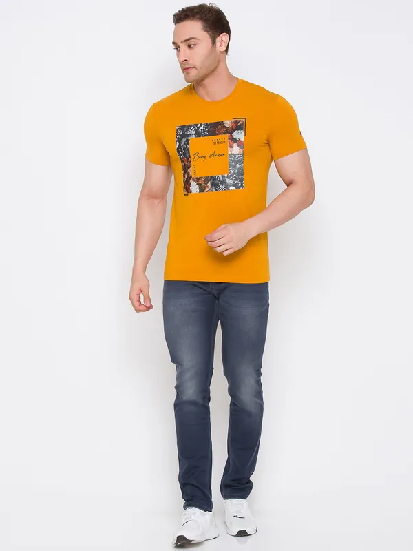 Being Human Regular Fit Men Crew Neck T-Shirts-Ocher