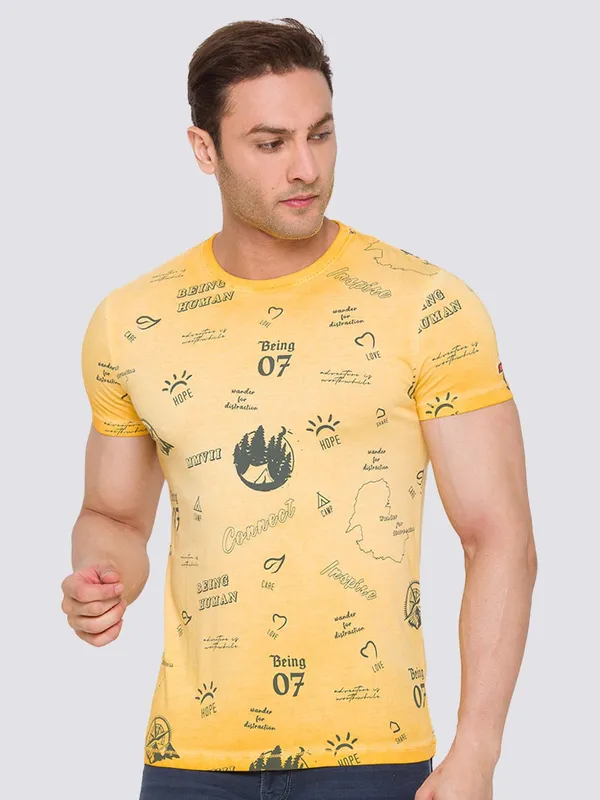Being Human Slim Fit Men Crew Neck T-Shirts-Sun Flower