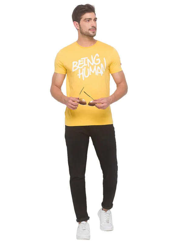 Being Human Slim Fit Men Crew Neck T-Shirts-Yellow