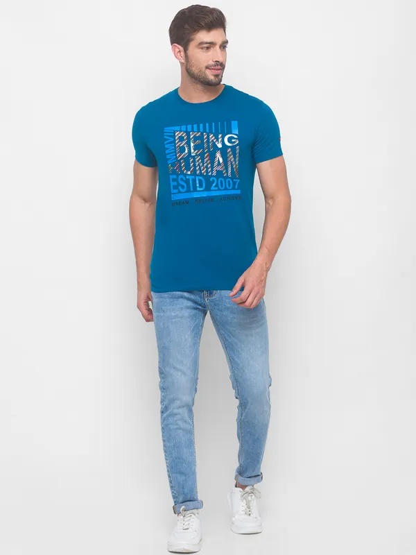 Being Human Regular Fit Men Crew Neck T-Shirts-Marine Blue