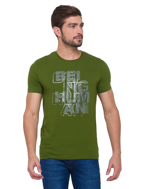 Being Human Clothing Men Regular Fit Crew Neck T-Shirts-Cactus Green
