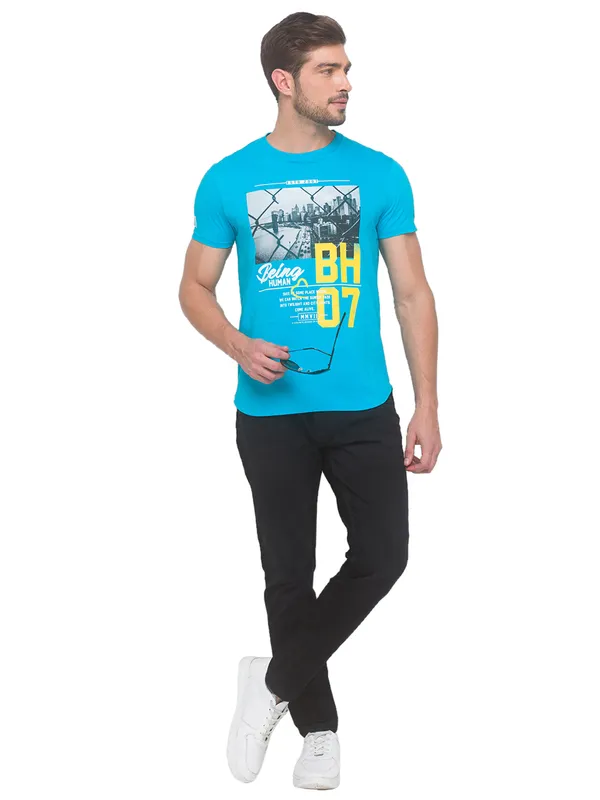 Being Human Regular Fit Men Crew Neck T-Shirts-Scuba Blue