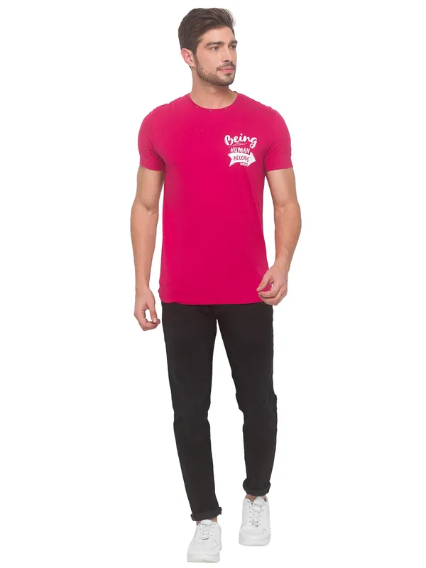 Being Human Regular Fit Men Crew Neck T-Shirts-Electric Magenta