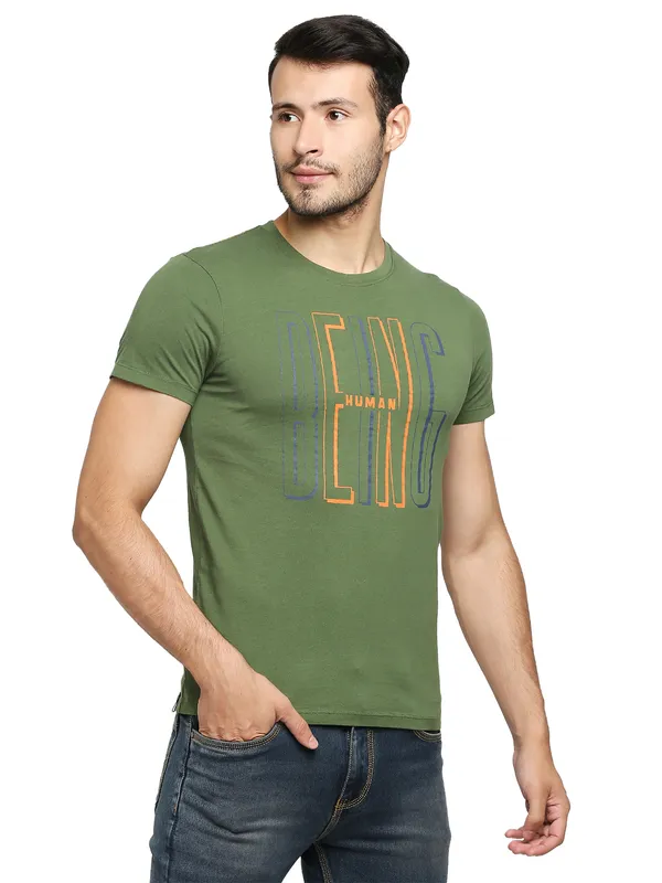 Being Human Regular Fit Men Crew Neck T-Shirts-Olive