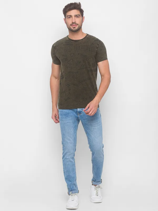 Being Human Slim Fit Men Crew Neck T-Shirts-Cactus Green