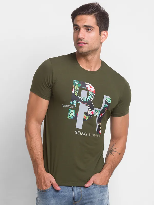 Being Human Regular Fit Men Crew Neck T-Shirts-Dk.Olive