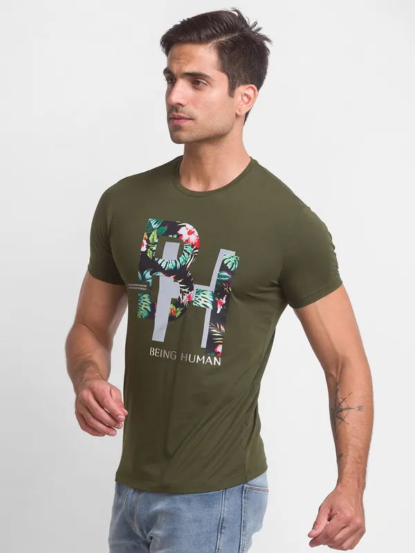 Being Human Regular Fit Men Crew Neck T-Shirts-Dk.Olive