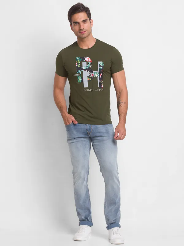 Being Human Regular Fit Men Crew Neck T-Shirts-Dk.Olive