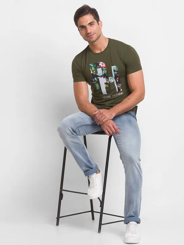 Being Human Regular Fit Men Crew Neck T-Shirts-Dk.Olive