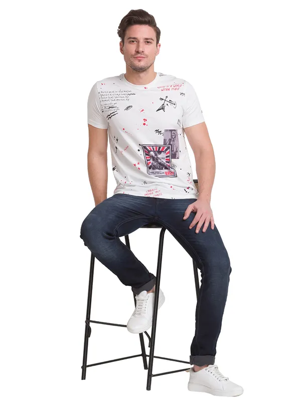 Being Human Clothing Men Slim Fit Crew Neck T-Shirts-Off-White